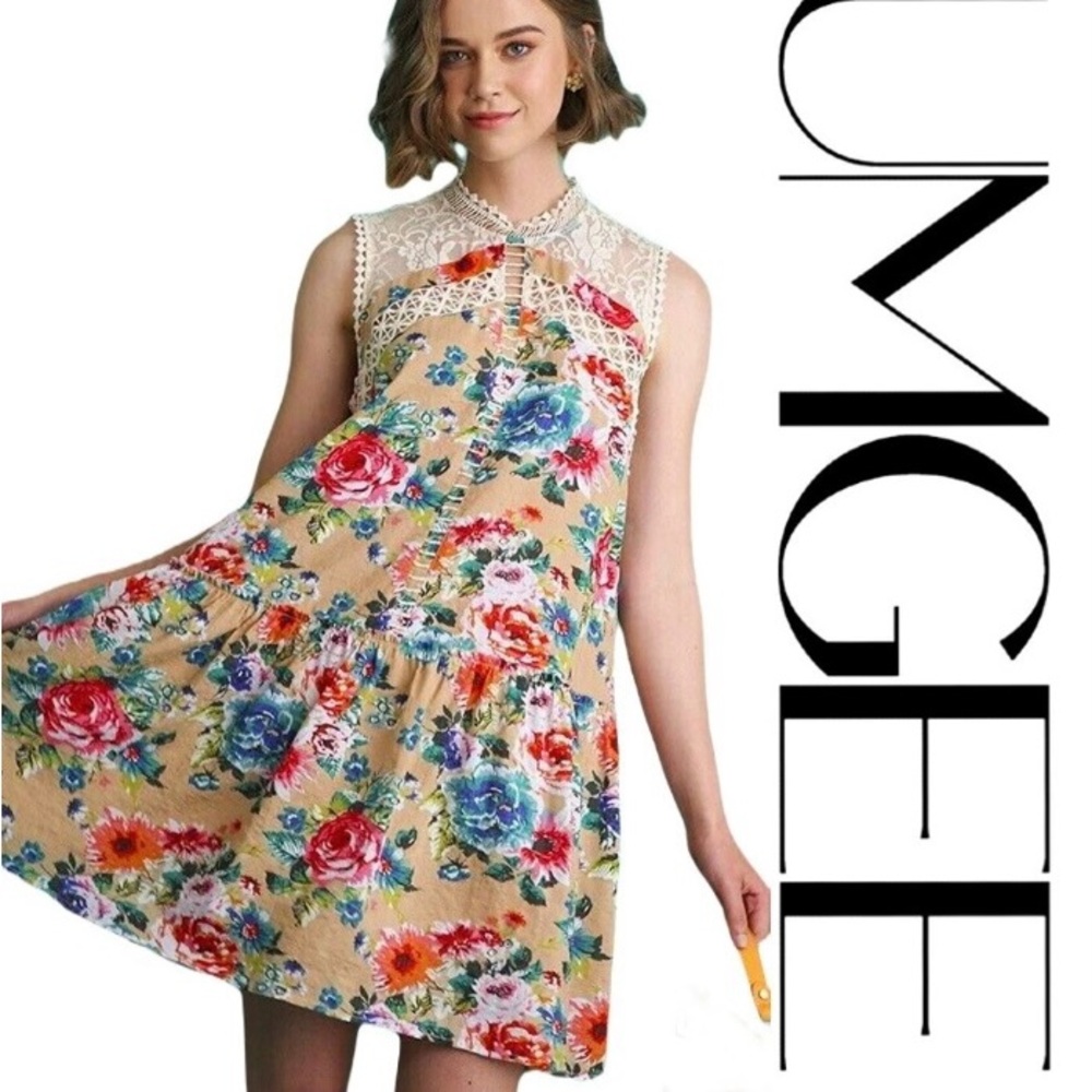 Umgee Floral Lace Mini Dress - Cream and Multicolor